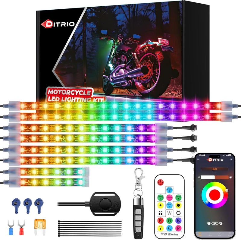DITRIO 8Pcs Motorcycle Led Underglow Kit with Brake Turn Signal, Motorcycle RGB Lights with APP/RF Remote Control, Dual Zone,12V Waterproof Pixelglow Effects for Motorcycles, Golf Carts, ATVs, UTVs - Image 1